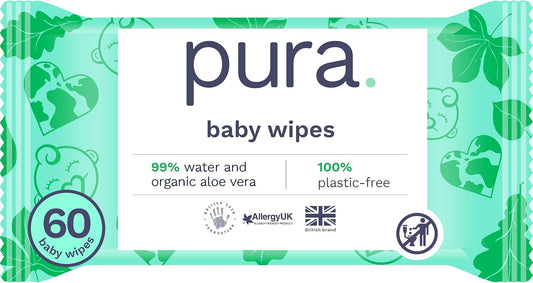 Eco Friendly Baby Water Wipes – 99% Water, 100% Plastic Free, Biodegradable & Compostable | Vegan, Fragrance Free, Suitable for Sensitive, Eczema Prone & Newborn Skin | 60 Pack