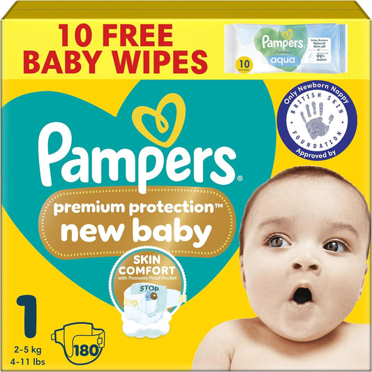 Pampers Premium Protection New Baby Nappies Size 1 (2kg–5kg) – 180 Count Monthly Pack | Approved by British Skin Foundation | Ultra Soft & Gentle for Newborn Skin
