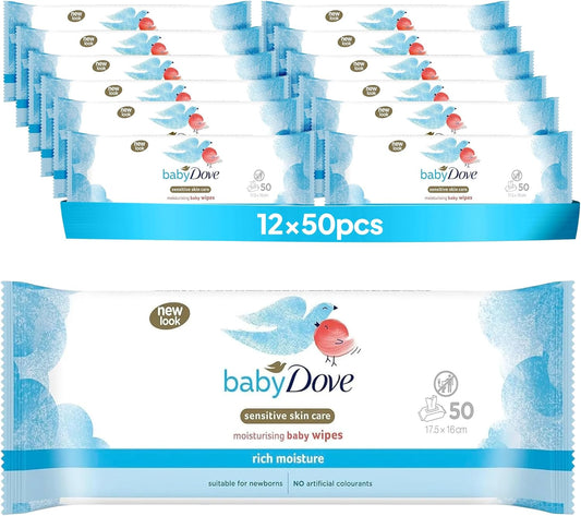 Baby Dove Sensitive Skin Baby Wipes – Rich Moisture, Soft & Gentle Cleansing | Moisturising Wet Tissues for Newborns & Infants | Resealable Travel Friendly | Pack of 12
