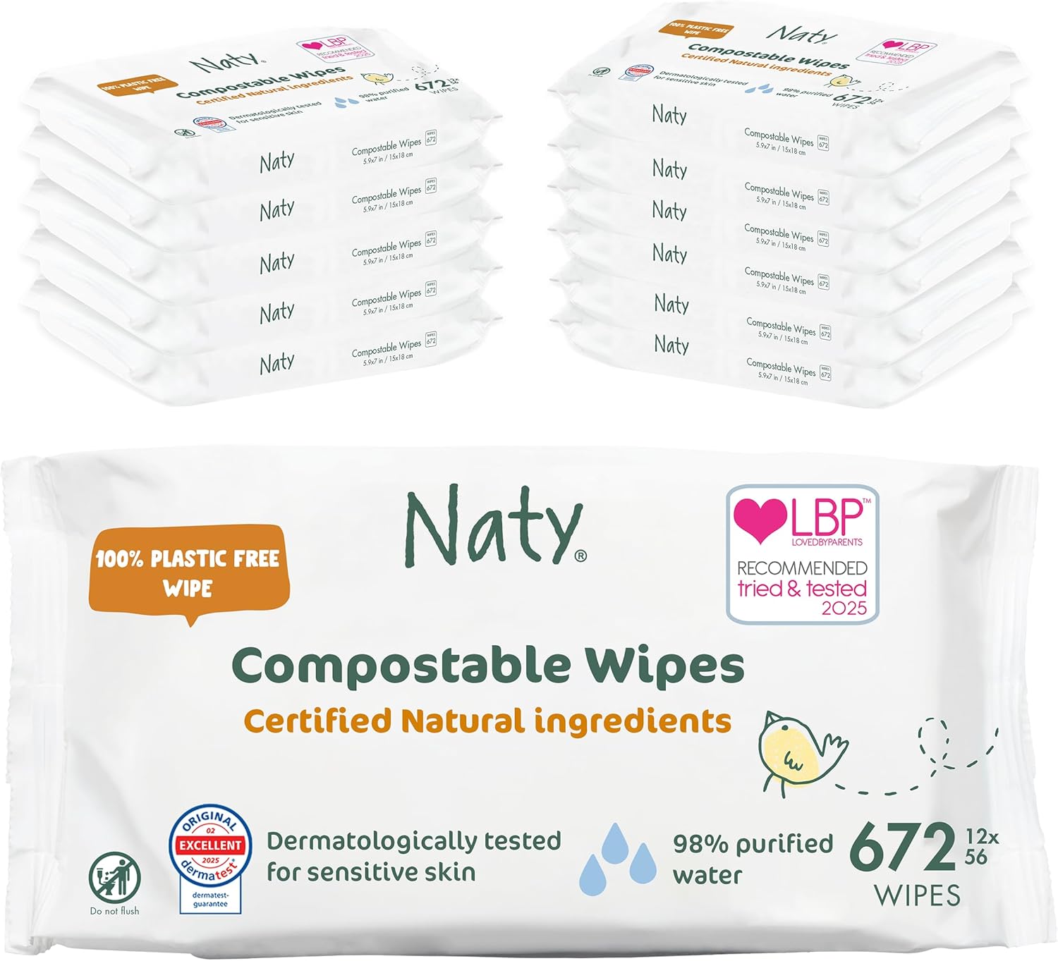 Naty Baby Water Wipes 672 Pack (12 x 56) – 98% Purified Water, Fragrance Free, Plastic Free & Compostable | Gentle for Newborn & Sensitive Skin | Eco Friendly Baby Wipes UK