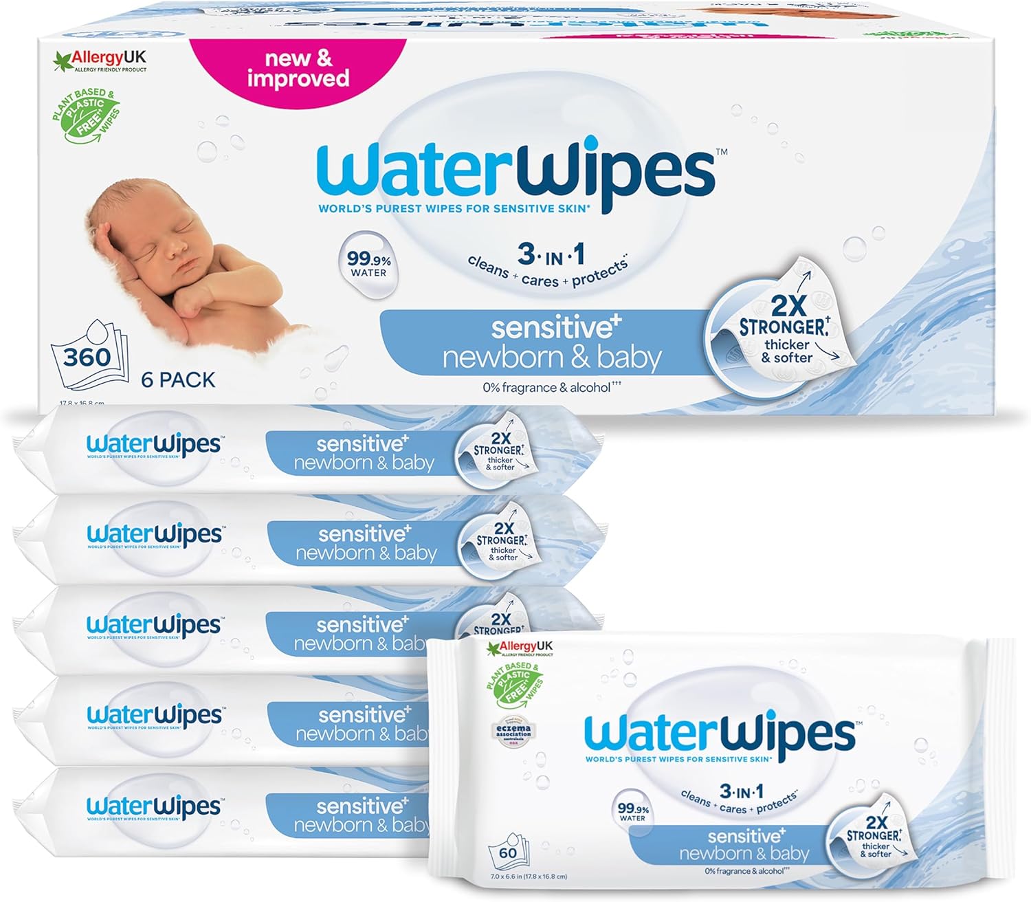 WaterWipes Sensitive+ Newborn & Baby Wipes 360 Count (6 Packs) – 99.9% Pure Water, Unscented, Plastic-Free, 3-in-1 Clean, Care & Protect for Sensitive & Eczema-Prone Skin