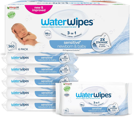 WaterWipes Sensitive+ Newborn & Baby Wipes 360 Count (6 Packs) – 99.9% Pure Water, Unscented, Plastic-Free, 3-in-1 Clean, Care & Protect for Sensitive & Eczema-Prone Skin