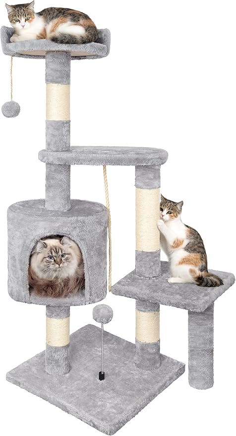 Cat Tree, 112cm Cat Scratching Post for Indoor Cats, Multi-Level Stable Cats Tower with Sisal Scratching Posts, Plush Toy Balls, Cave, Sisal Rope for Kitten Climbing, Playing, Relaxing, Grey