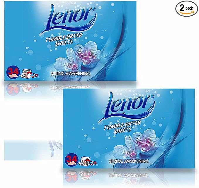 2 Pack of Lenor Tumble Dryer Fabric Conditioner Sheets Spring Awakening, 34 Sheets for Clean & Soft Fabrics and Essential Fragrance with Revitalising Scent
