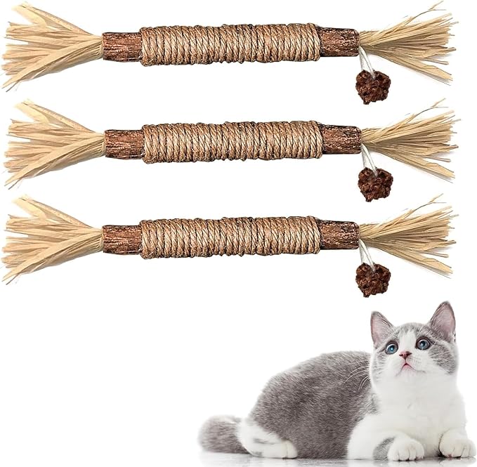 Cat Silvervine Chew Sticks, 3pcs Natural Cat Teeth Nip Cleaning Catnip Toys for Indoor Cats Kitten Teething and Stress