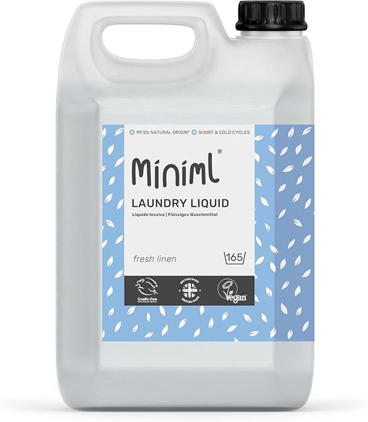 Miniml Eco Laundry Liquid Washing Detergent 5L Refill - Natural Non Bio Fresh Linen Scented Clothes and Fabric Softener for Machine or Delicate Hand Cleaning - 100% Vegan & Cruelty Free (165 Washes)