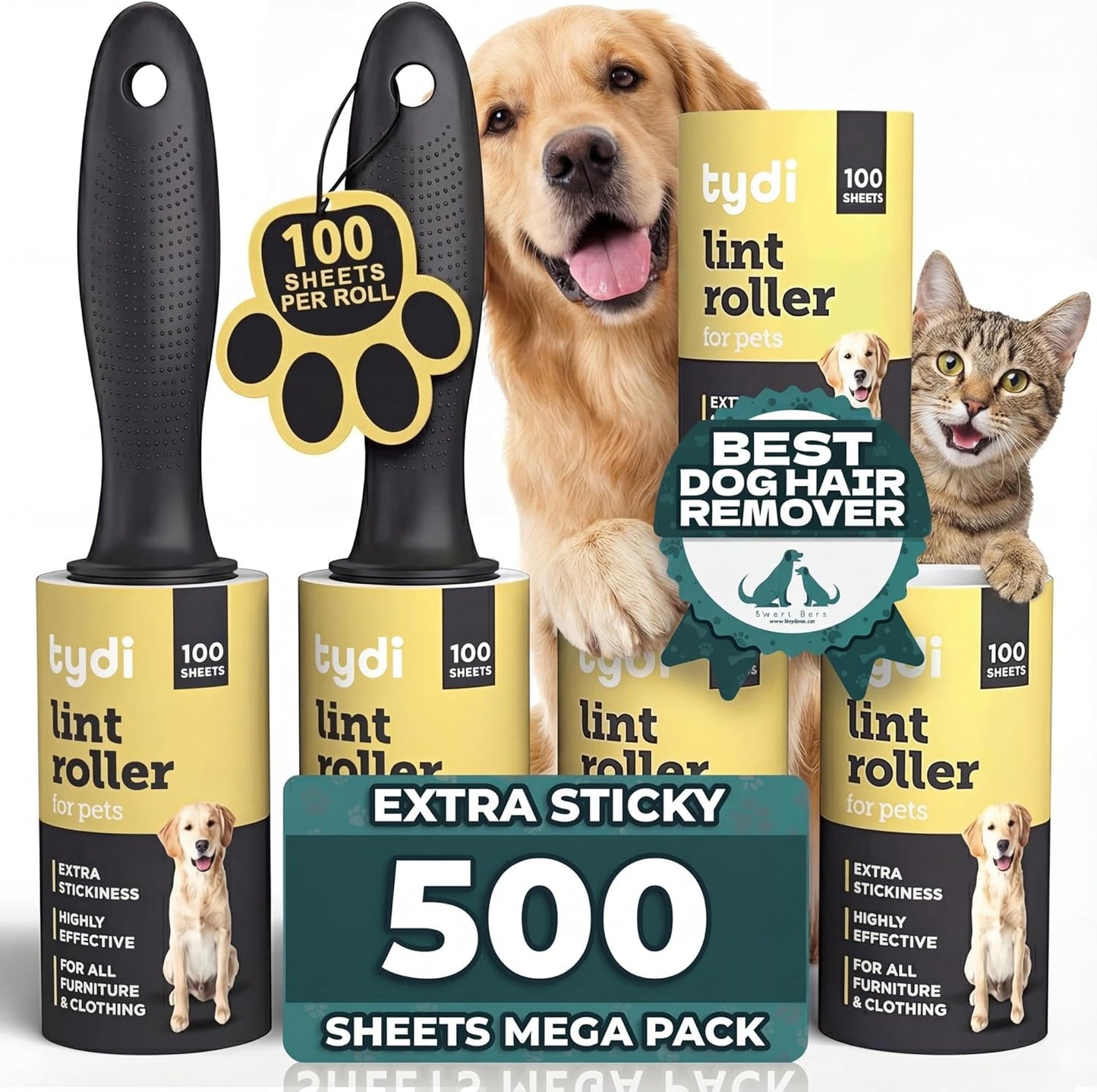 Tydi Pet Lint Rollers - 500 Sheets of Lint Roller Refills & 2 Handles - 100 Sheets per Sticky Clothes Roller - Lint Rollers for Pet Hair - Reusable Lint Roller for Clothes - Fluff Remover for Clothes