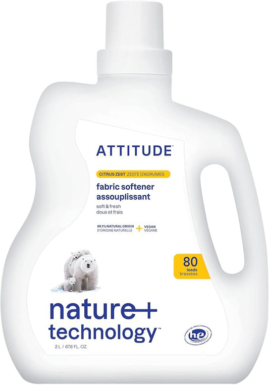 ATTITUDE Liquid Fabric Softener, Plant-Based & Vegan, HE Compatible, Naturally Derived, Citrus Zest Scent, 80 Loads, 2 Liters