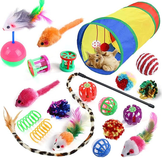 20 Pcs Cat Toys for Indoor Kitten, Collapsible Tunnel, Interactive Feather Wand Ball Spring Mice Toy for Puppy Kitty