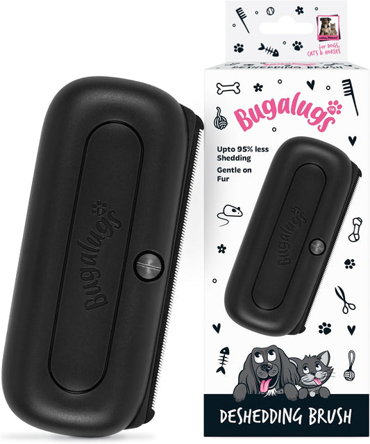 Bugalugs Deshedding Brush for Dogs, Cats, Horses - Pet Grooming Tool that is Gentle & Effective With Wide Shallow Comb, Smooth Groomer for Dog, Cat and Horse (Black)
