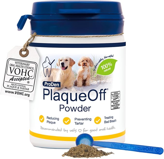 ProDen PlaqueOff Powder for Dogs & Cats, Tartar & Bad Breath Remover 100% Natural Teeth Cleaner and Plaque Remover 60 g