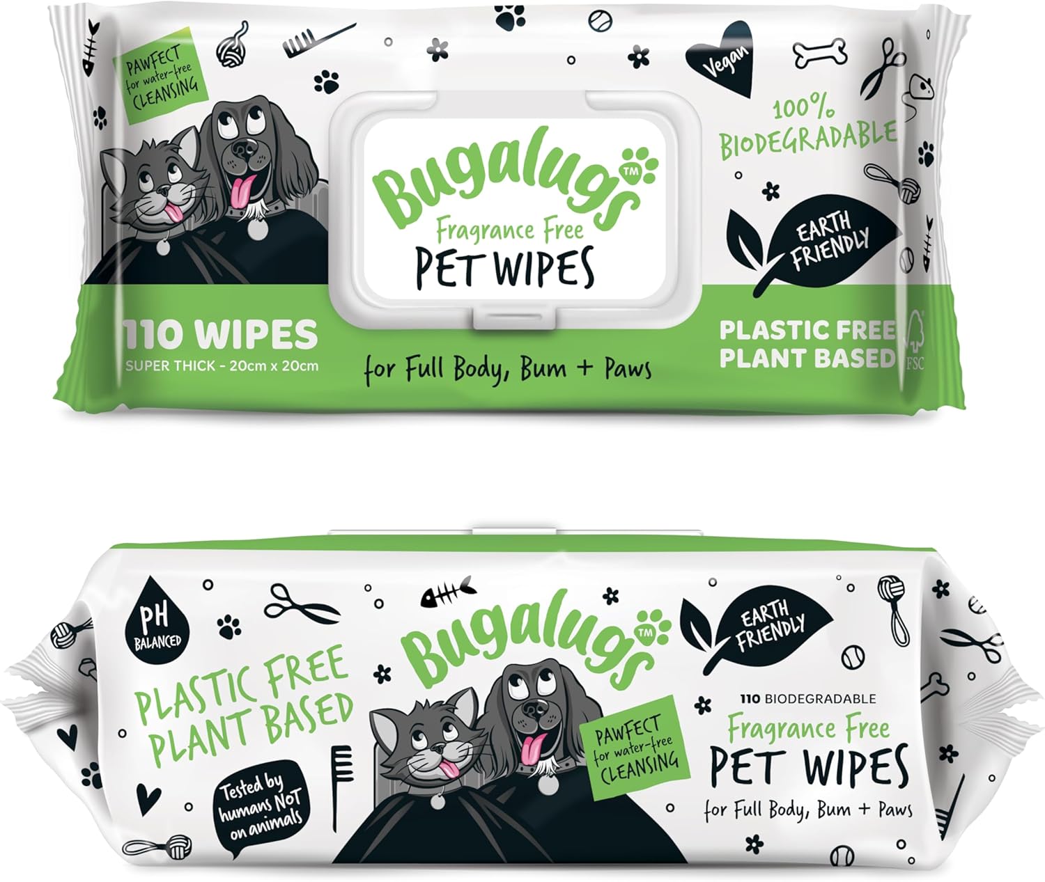 BUGALUGS Dog Wipes, 100% Plastic Free Biodegradable pet wipes for full body, eye wipes, ear wipes, bum & paws. 110 sensitive dog grooming wipes for dogs, puppy & cat grooming (Fragrance Free)